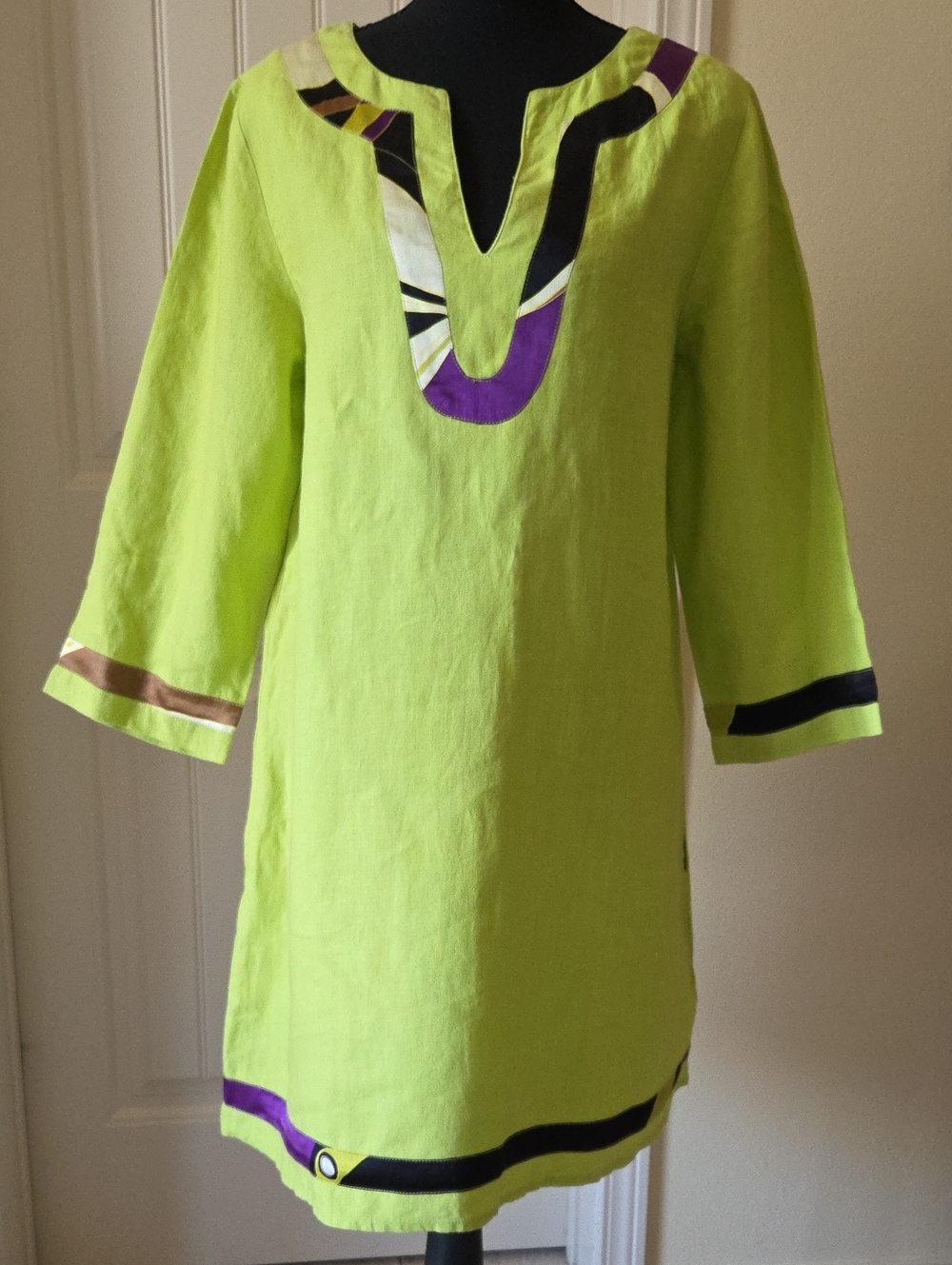 T.Tandon Lime Green Tunic Dress with Purple & Black Trim, Size L